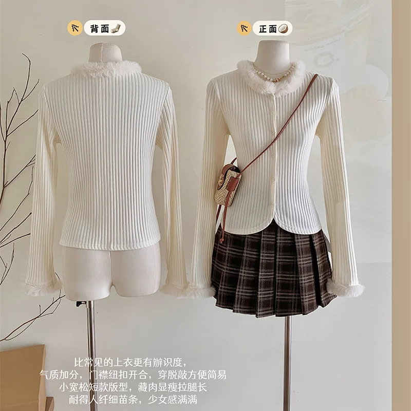 

Вязаный кардиган, топы, женский новый однотонный облегающий однобортный свитер с плюшевым воротником и длинным рукавом