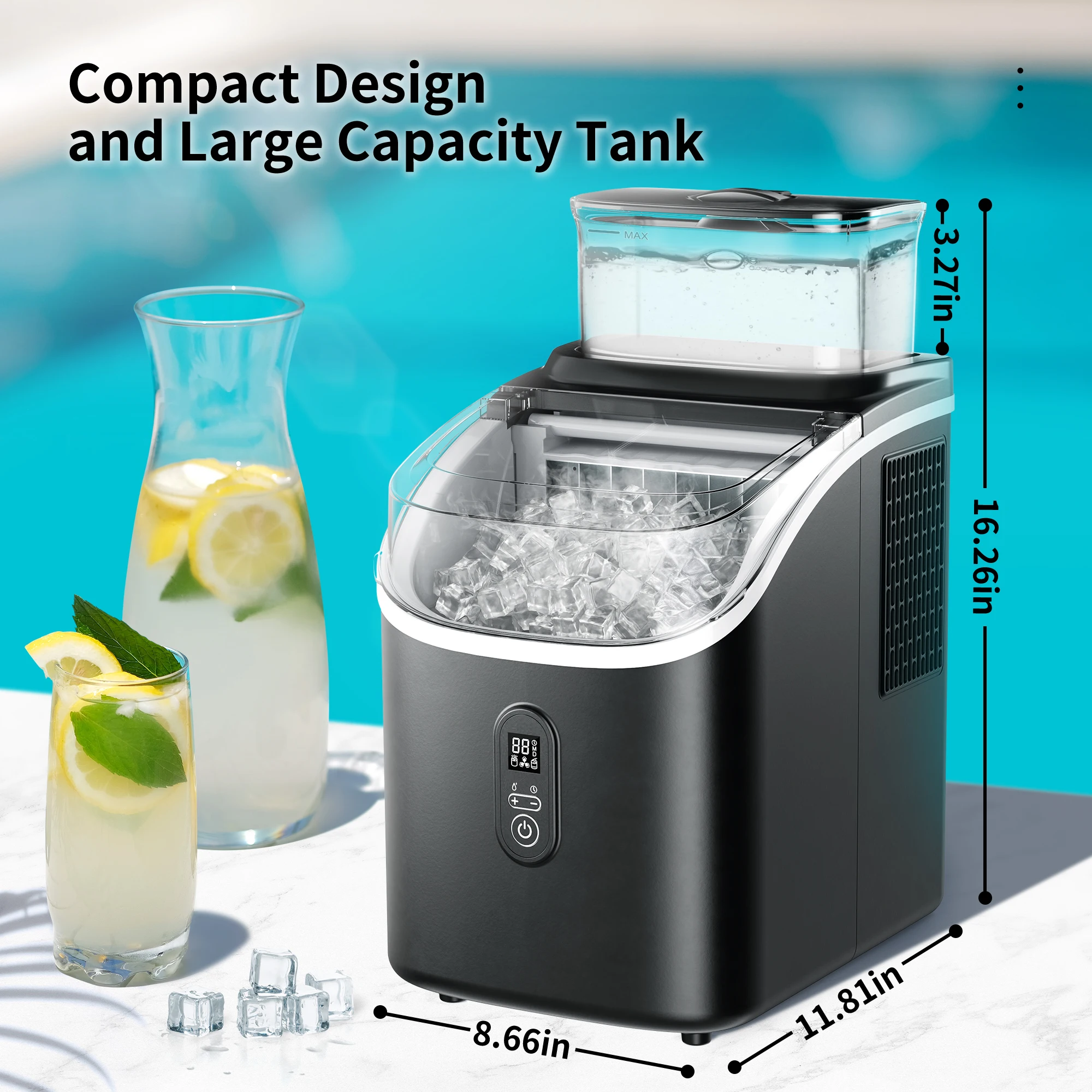 Ice Cube Maker Machine Countertop with External Water Tank, 45Lbs, 16Pcs Ready in 13 Mins,Auto-Cleaning,Black