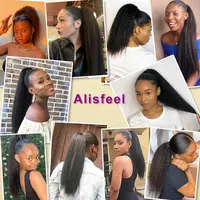 Queue de cheval lisse et bouclée en cheveux humains, extension 100 % naturelle à enrouler avec cordon de serrage, noir naturel # 1B Pour femmes 6
