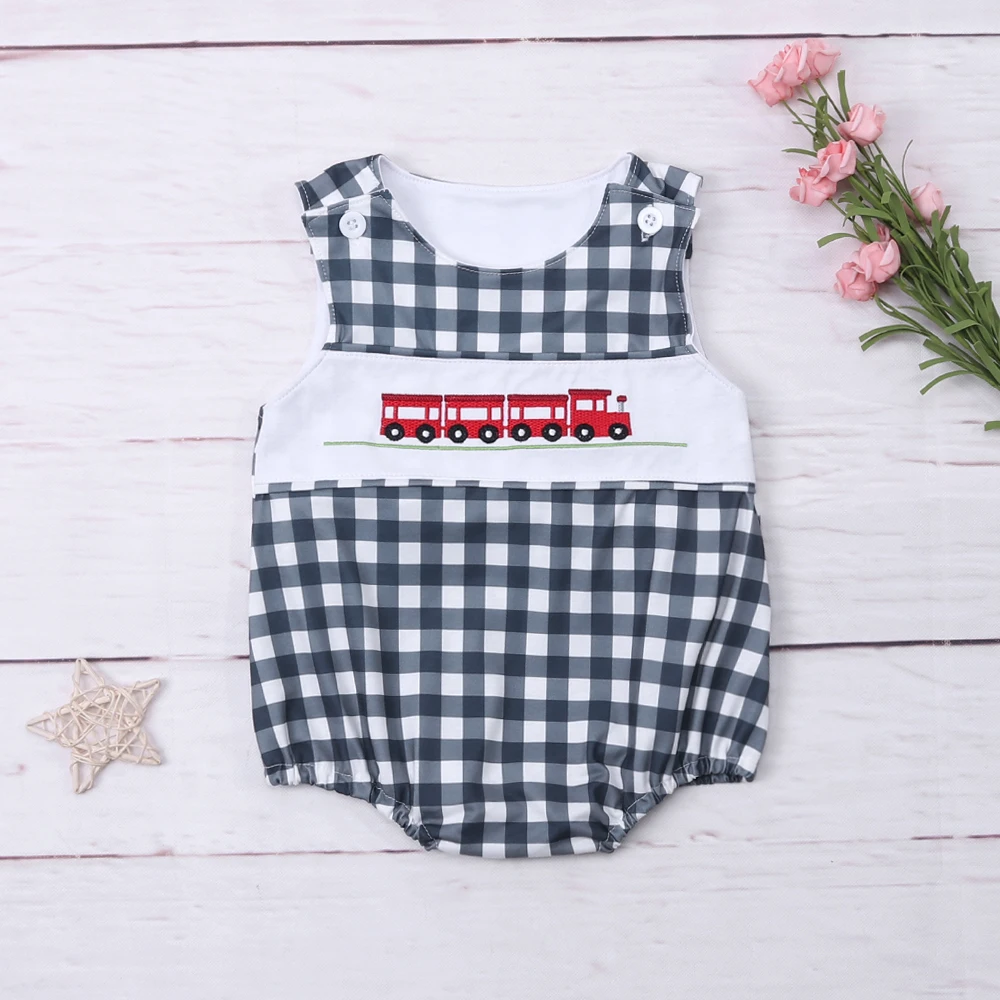 

2023 Fashion New Summer Sleeveless Baby Boy Jumpsuit Train Embroidery Bodysuit Black And White Lattice One-Piece Clothes
