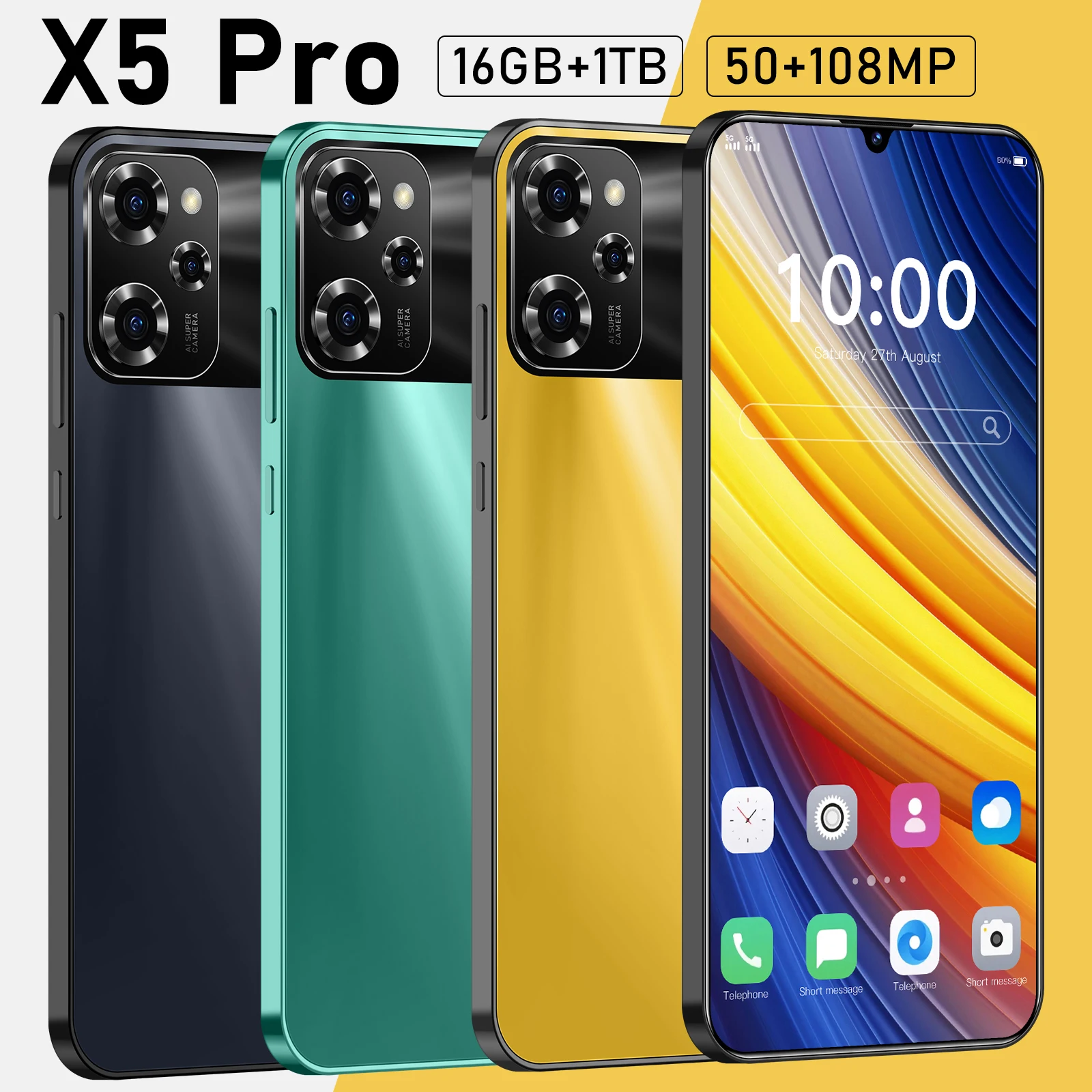 안드로이드 7.3 HD 스크린 스마트폰, X5 프로, 16G + 1T, 5G, 듀얼 심 셀룰러, 잠금 해제, 108MP, 6800mAh 휴대폰, 2024 신제품