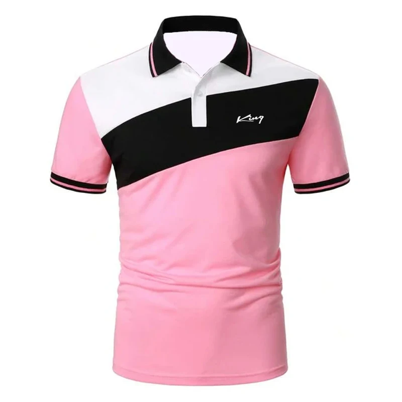 Men’s button-up polo shirt with lapel collar, short sleeves, and classic summer color block design – CyberStreetOne pink