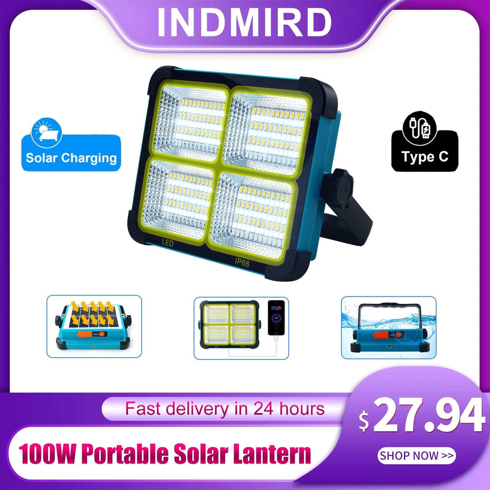 

10000mah 100W Portable Solar Lantern LED Tent Light Rechargeable Lantern Emergency Night Market Light Outdoor Camping Bulb Lamp