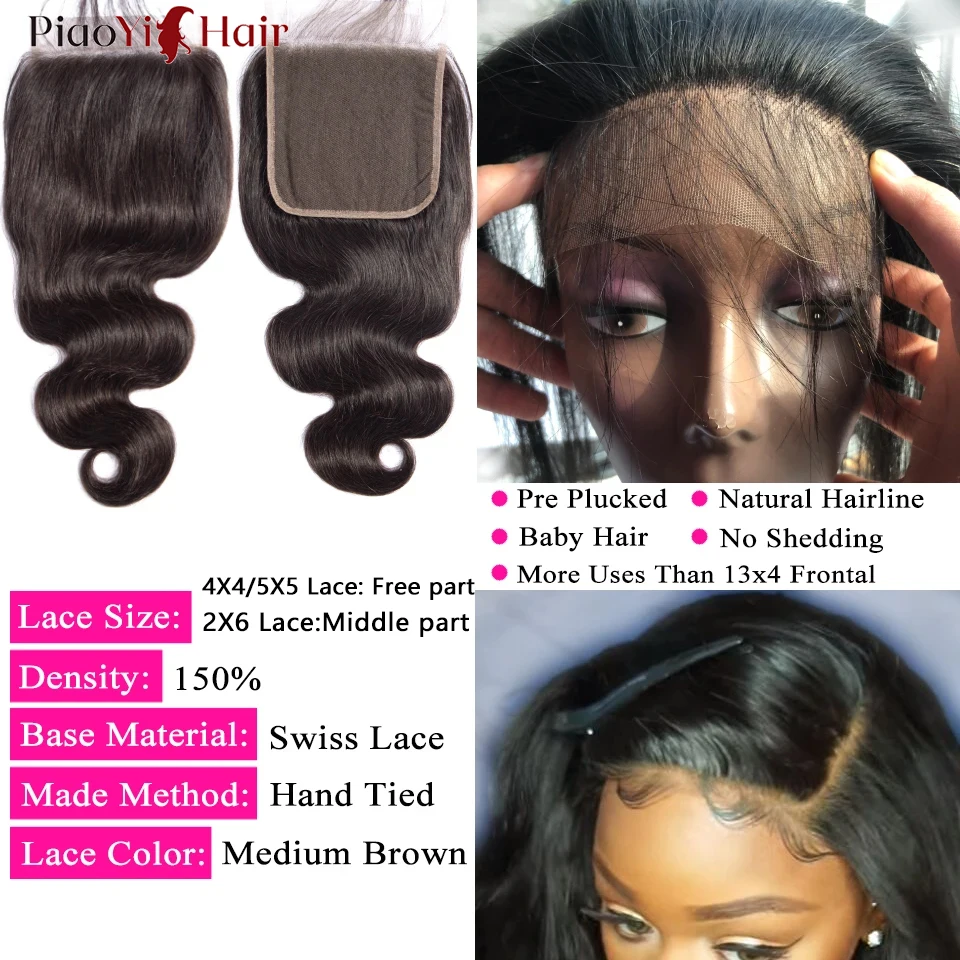 Body Wave Human Hair Bundles With Closure 4x4/5x5 Closure Human Hair 100% Raw Human Hair Weave Extensions 2X6 Middle Part Lace 4