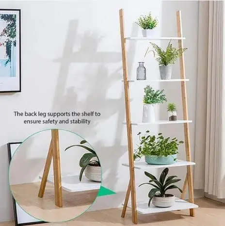 5-Tier Bamboo Ladder Shelf - Leaning Wall Design - Multi-Purpose Storage for Indoor/Outdoor - White Finish - Space-Saving Displa 4