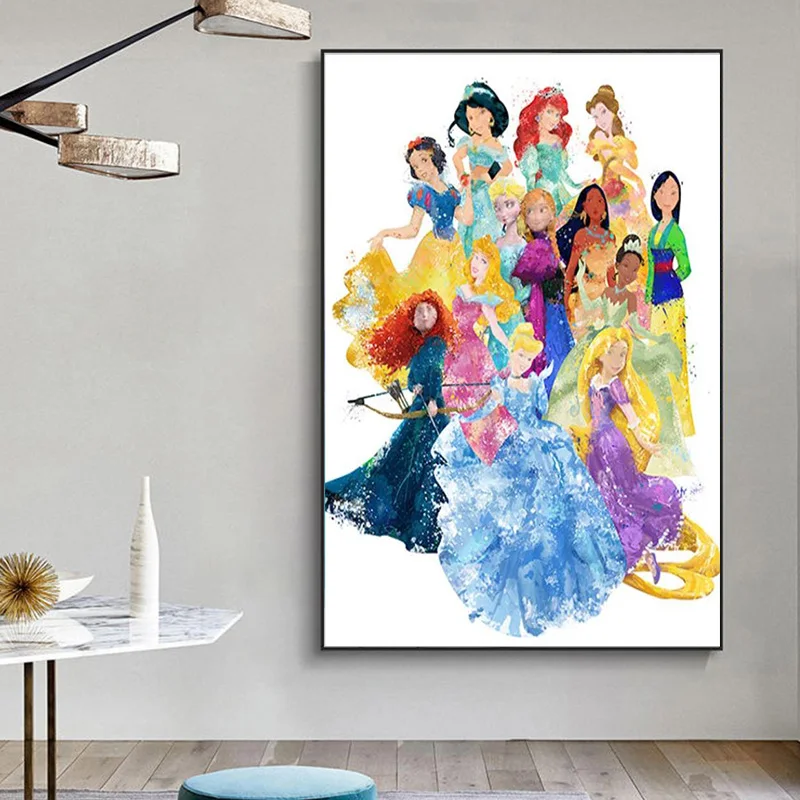 ディズニープリンセス-キャンバスに水彩画,印刷されたポスター,家の