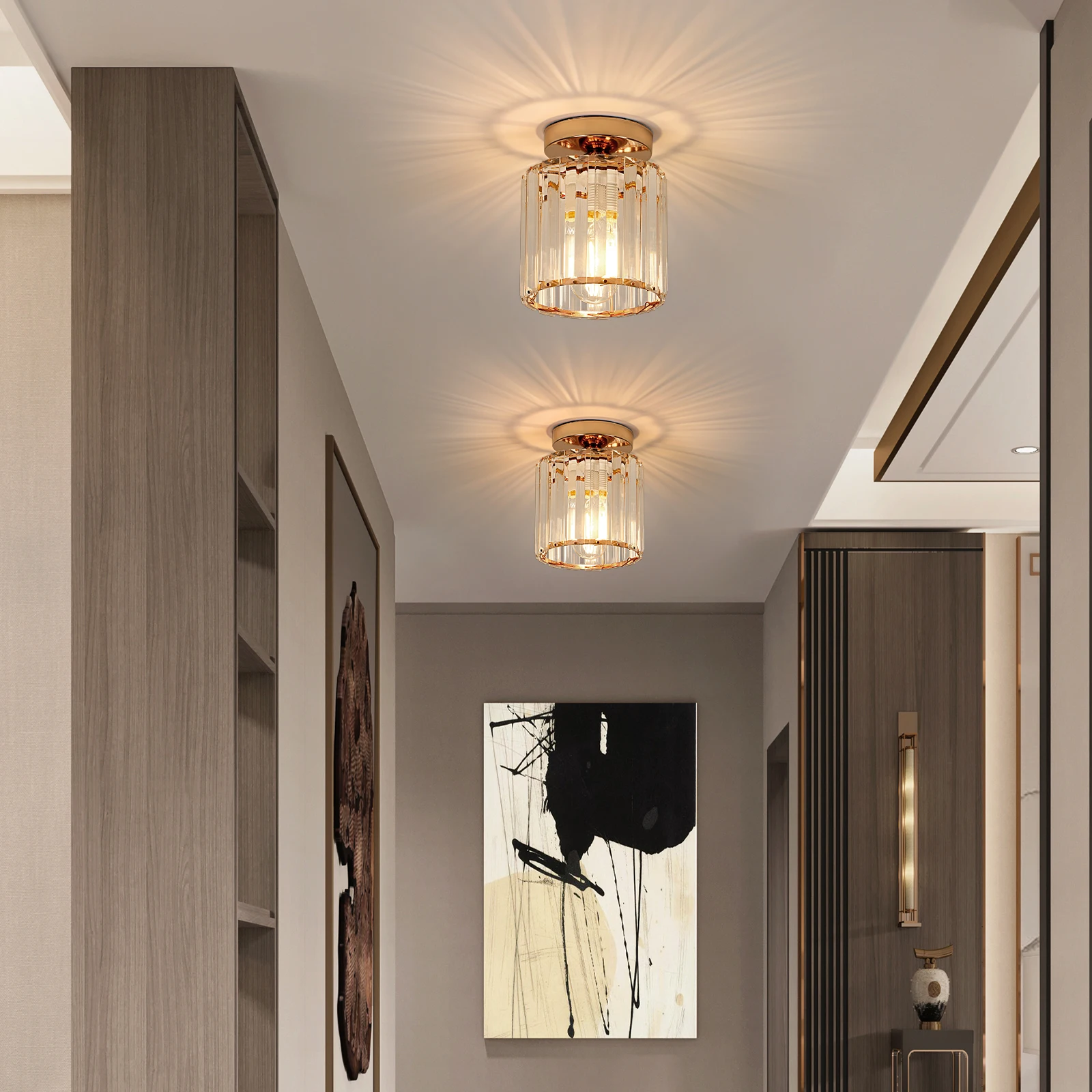 Crystal Ceiling Light, Gold, Medium size Fixture Chrome Flush Mount Ceiling Lighting Fixture for Hallway E27 Bulb Socket (Bulb Not Included)
