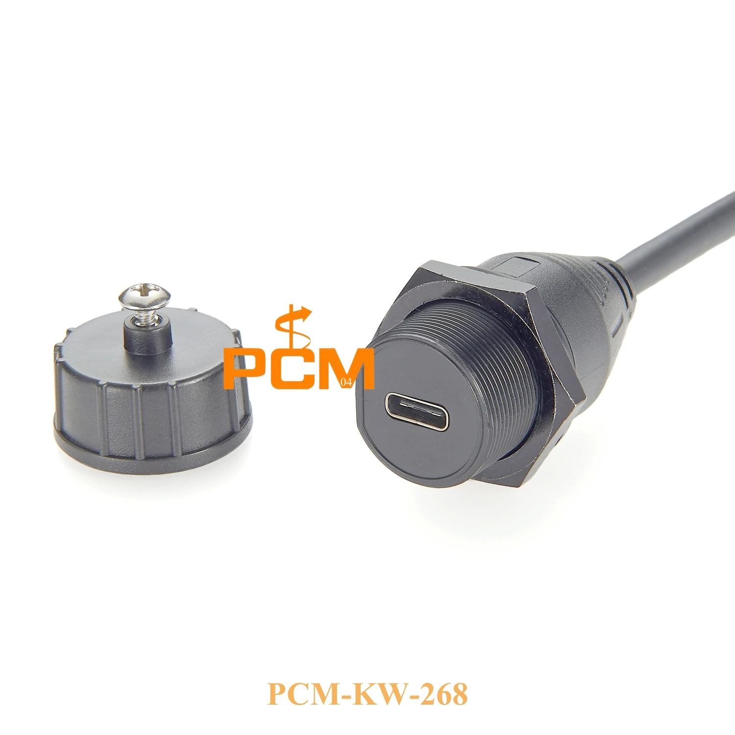 IP67 USB3.1 Type-C round panel mount cable with waterproof cap, Waterproof USB-C extension cable, front lock for chassis mount