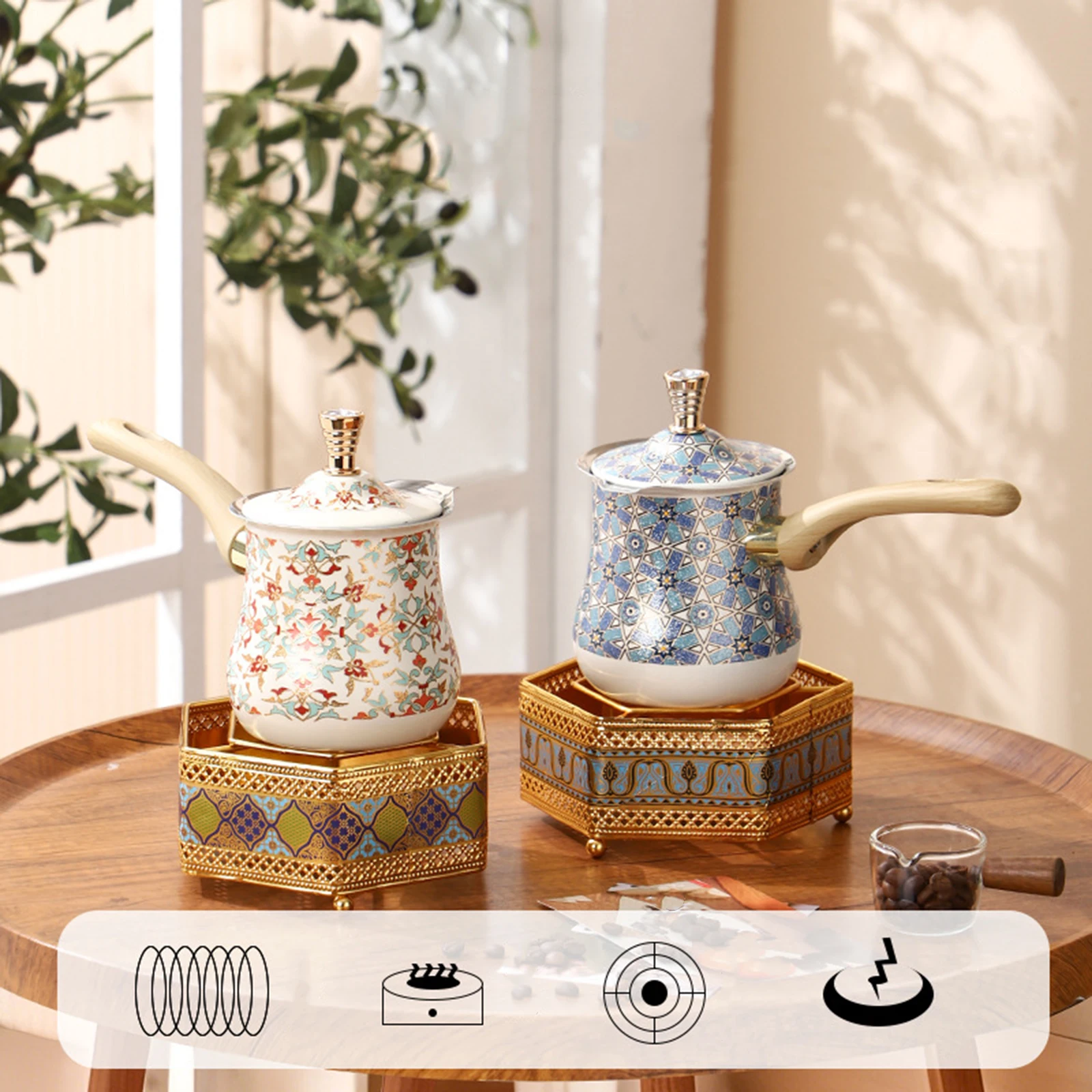 Turkish Coffee Pot With Long Wooden With Lid Arabic Heavy Duty 550/720Ml