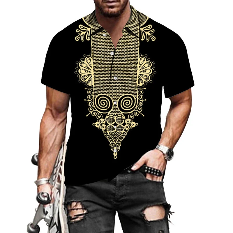 African Dashiki Print Men's Turn-down Collar Button Shirts Casual Short/Long Sleeve Tops Hip Hop Ethnic Style Streetwear Clothes