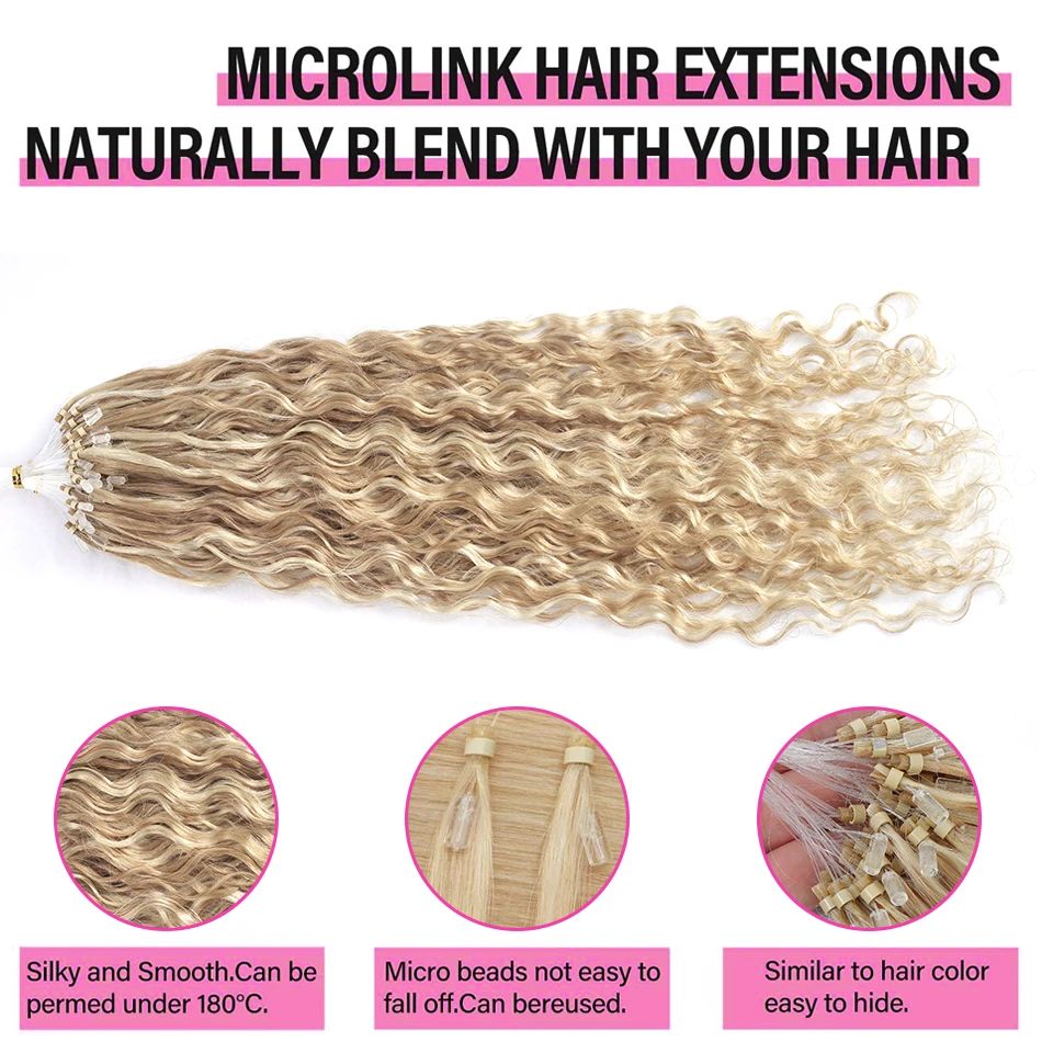 Water Wave Micro Loop Human Hair Extensions Curly Natural Micro Beads Rings European Hair Highlight Balayage Blonde 100 Strand