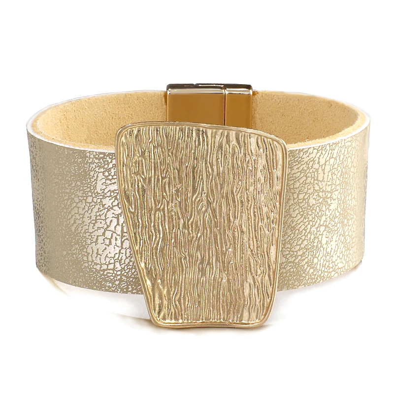 Amorcome Champagne Gold Color Metal Charm Genuine Leather Bracelet for Women Femme Fashion Wide Wrap Bracelets Bangles Jewelry bracelet jewelry
