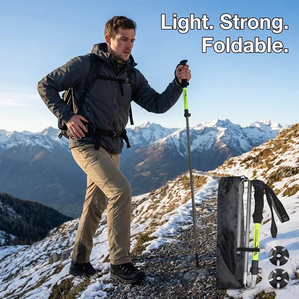 Folding Trekking Poles Ultralight Adjustable Hiking Walking Stick with EVA Grip Anti-Slip Tungsten Tip for Mountaineering Travel