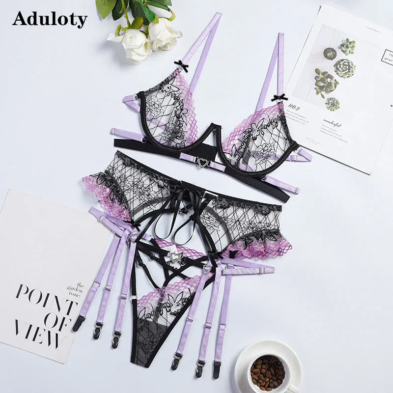 

Aduloty Women's Sexy Lingerie Lace Embroidery Stitching Thin Erotic Underwear Mesh Perspective Underwire Bra Three-Piece Set