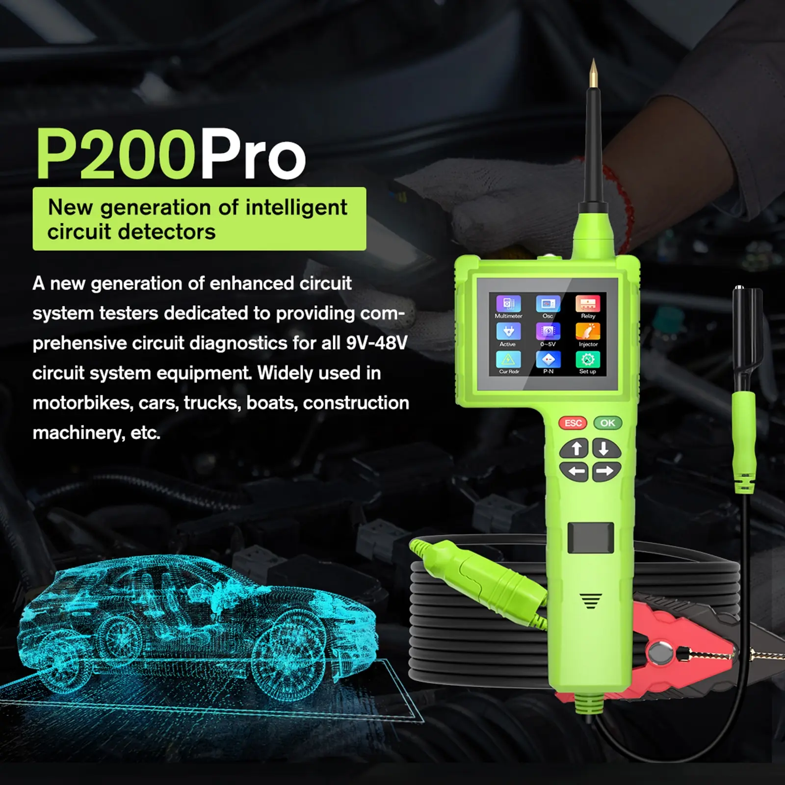 TopDiag P200 프로 자동차 회로 테스터, 12V 24V 전원 회로 프로브 키트, 자동차 전압 저항 릴레이 테스터 진단 도구 