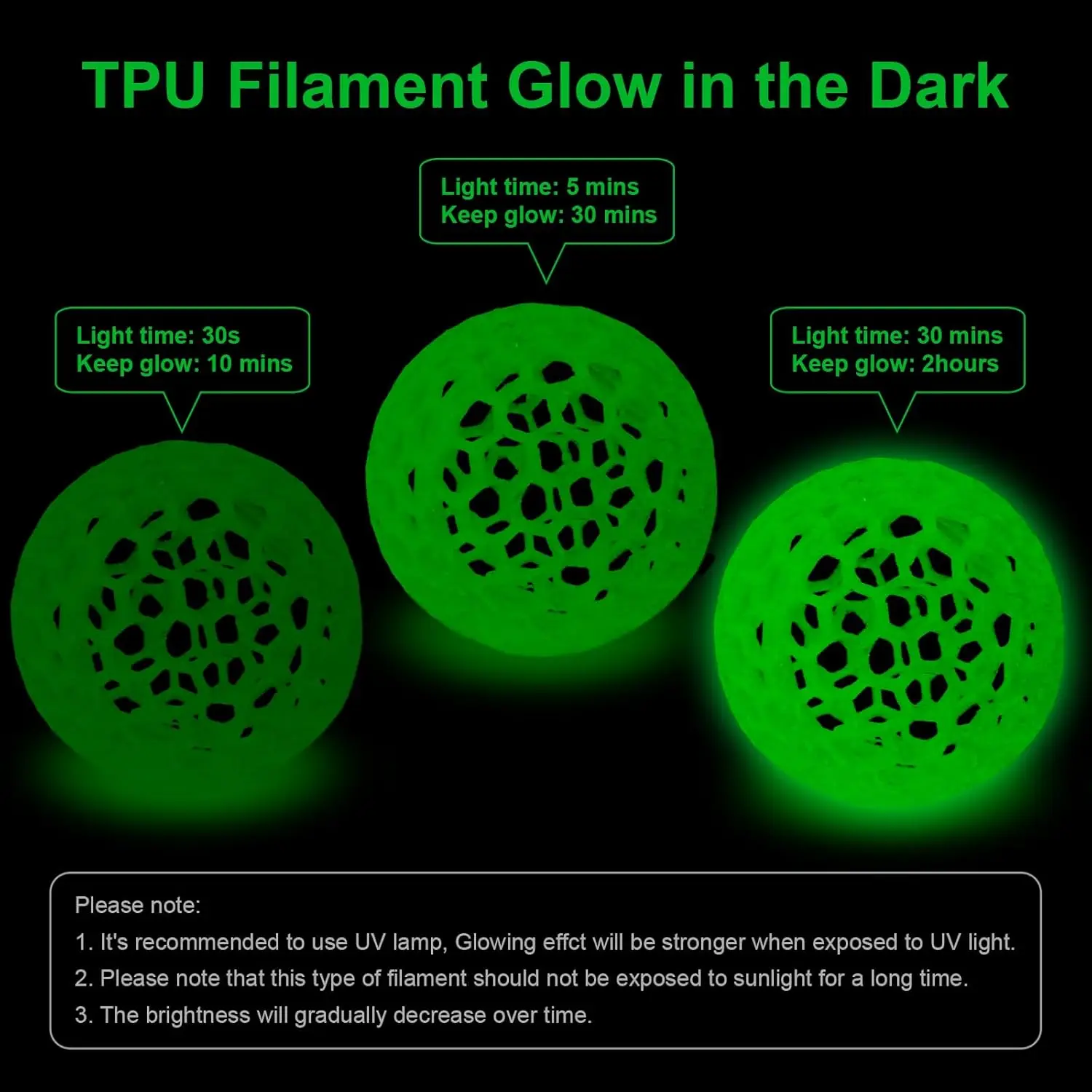 야광 필라멘트, TPU 필라멘트 1.75mm, 3D 프린터 필라멘트 번들, 250g