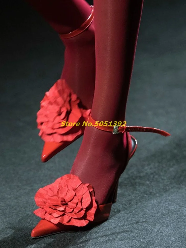 

Flower Pointy Pumps Patent Leather Red Ankle Buckle Strap Solid Wedding Women Shoes Stiletto Thin High Heel Fashion Lades Pumps