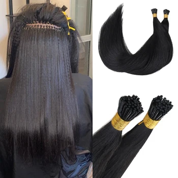 Extensioni per capelli I-Tip in cheratina a fusione a caldo, pre-legate, in vero capello umano Remy, colore nero, 50 ciocche a stick