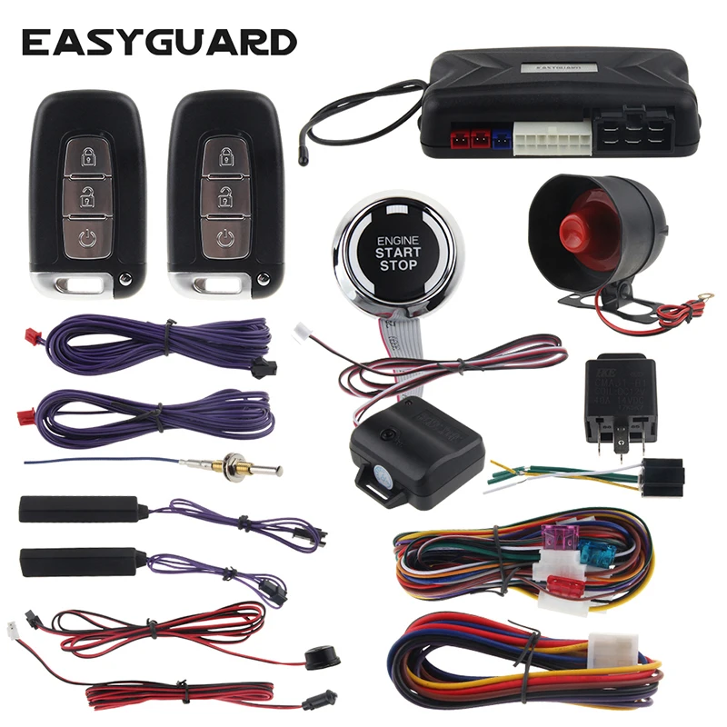 

PKE car alarm passive keyless entry EASYGUARD remote start stop & push start button 12v shock sensor warning smart key alarm