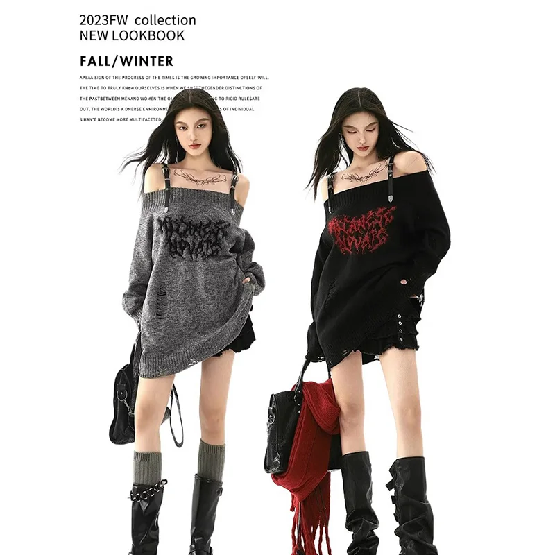 

Korean Women's Off Shoulder Strap Knitwear Sweater New Design Diagonal Shoulder Top Elegant Sexy Long Sleeve Sweater