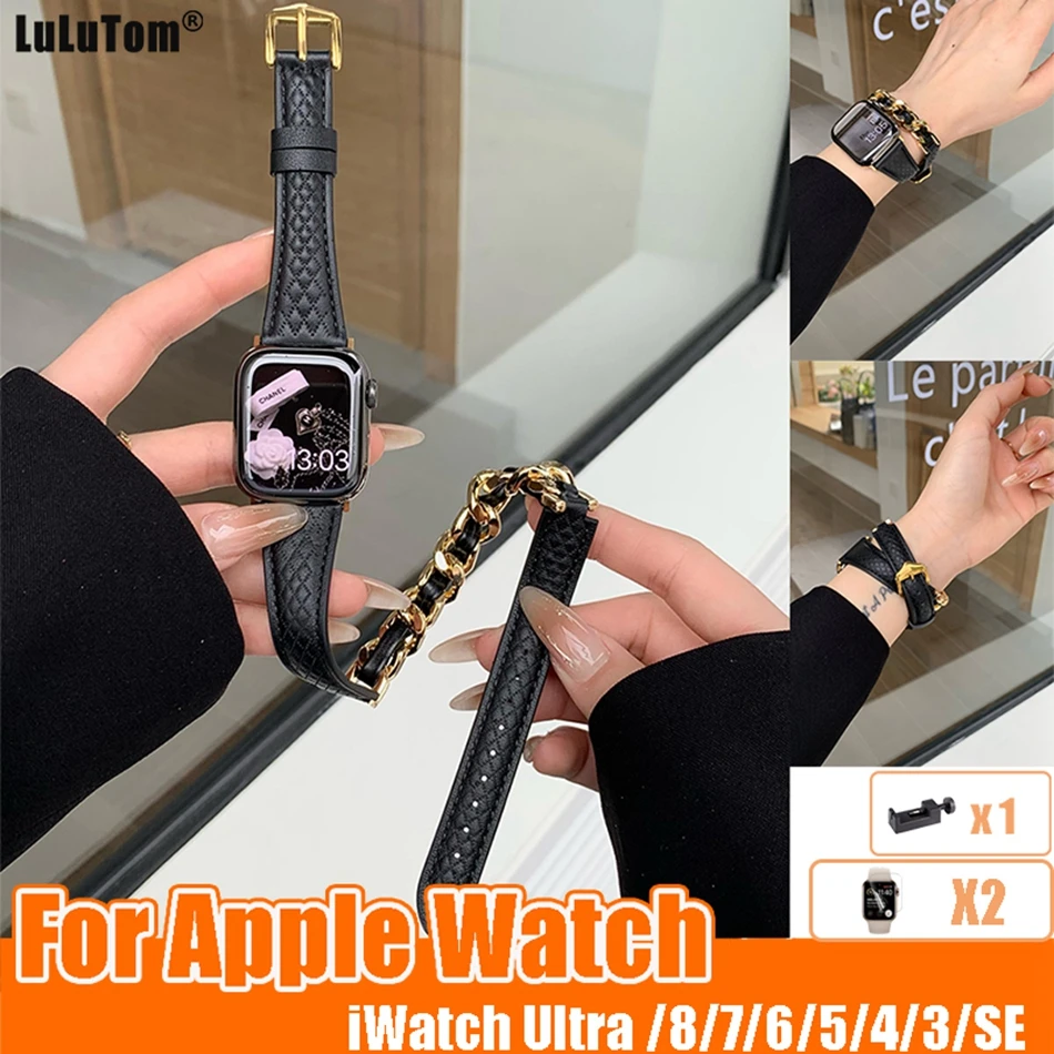 

Women Calfskin Leather Strap For Apple IWatch 8 7 6 SE 5 4 3 Ultra 49mm 40mm 44mm 41mm 45mm 38mm 42mm Luxury Watch Band Bracelet