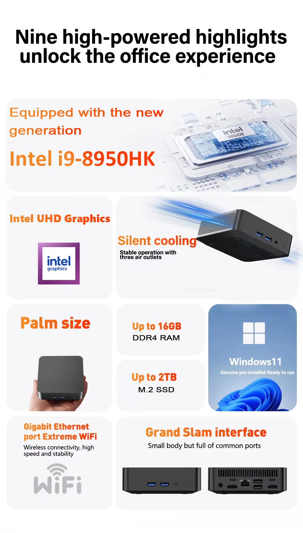 2026 Portable Intel Core i9 8950HK / i3-6100U Mini PC Computer Windows 11 16GB DDR4 RAM 512GB 1TB SSD Gaming Computer WiFi 6 BT5.2 USB3.0 1080P Mini Desktop PC - immagine 3