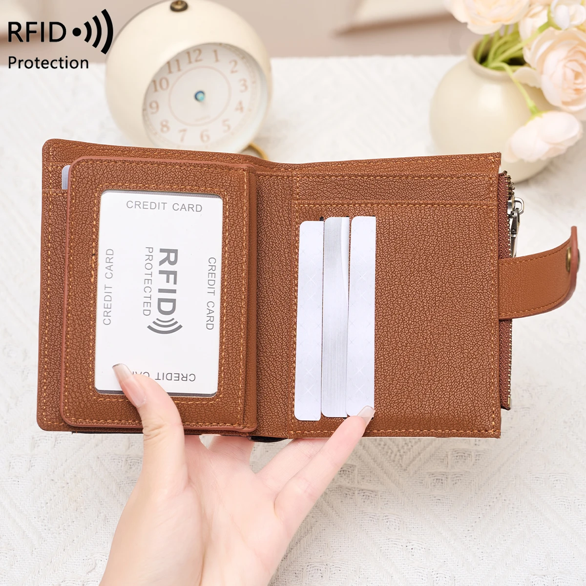 Elegant RFID Blocking Women's Trifold Wallet with Zippered Coin Pocket - Durable PU Leather Card Holder