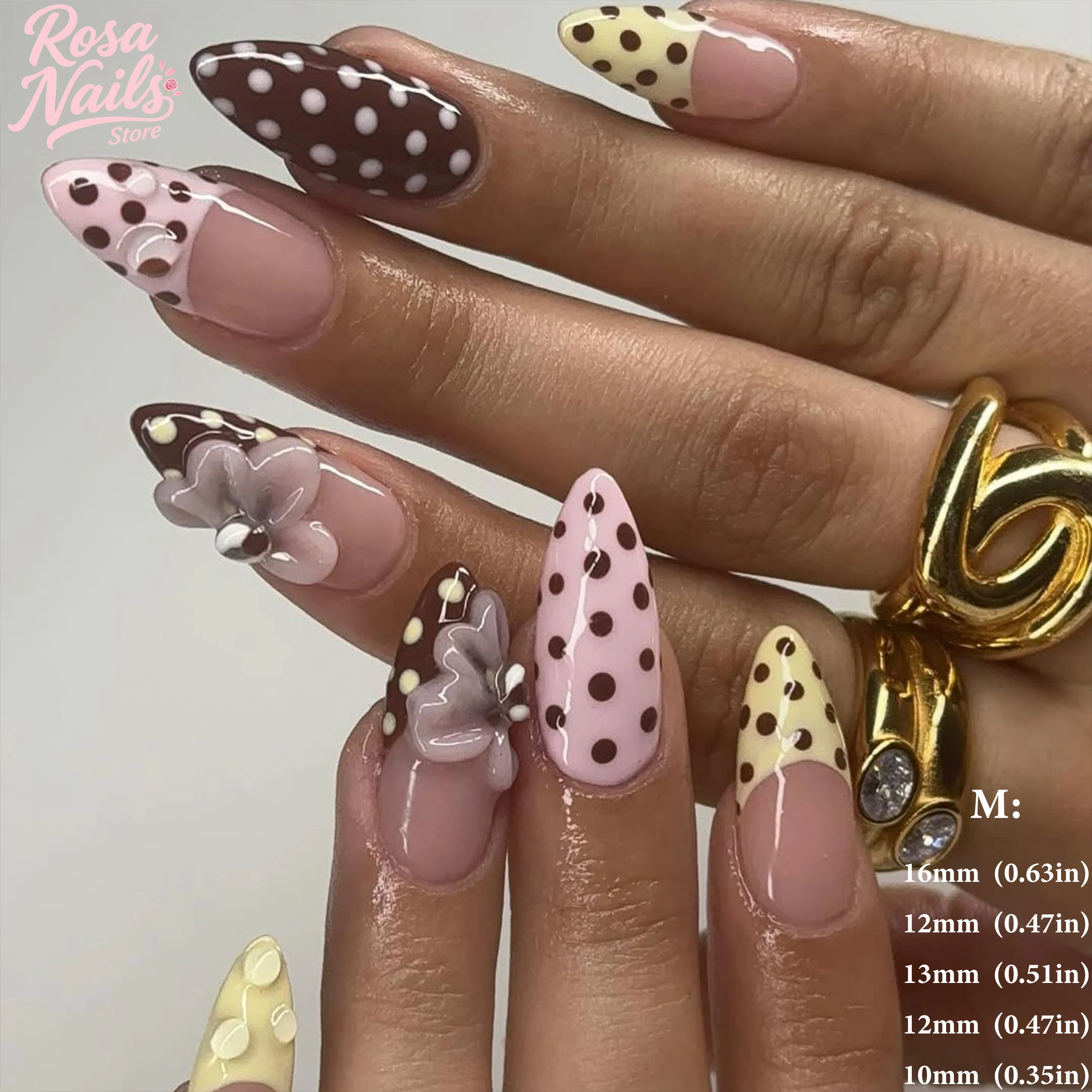 Summer Chic Polka Dot Press-On Nails with 3D Floral Accents in Pink, Yellow, and Brown French Tips