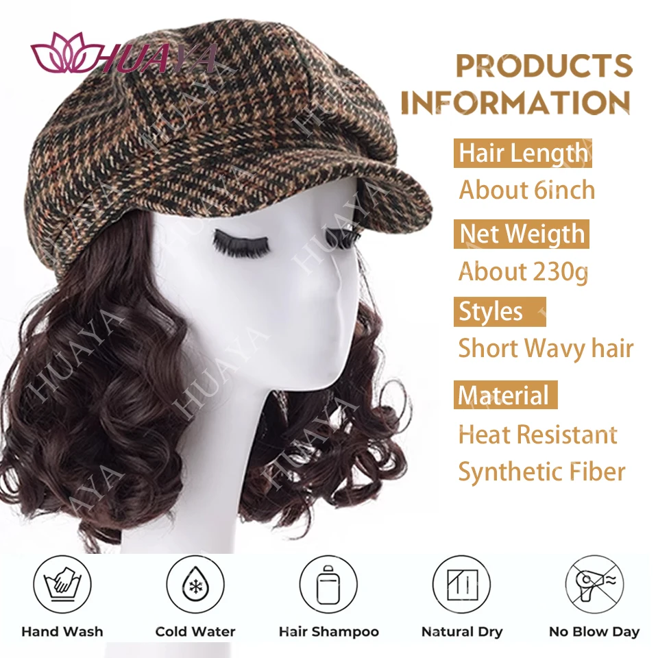 Synthetic Short Curly Wave Hat Wig for Women Fashion Beret Hair Extensions Autumn Winter Women Hat Wig Accessories