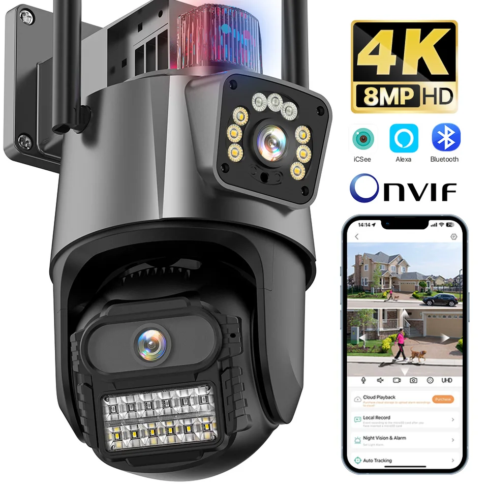 Caméra Ip Wifi Hd 8Mp 4K Extérieure, Double Objectif Avec Double Écran Ai, Suivi Automatique