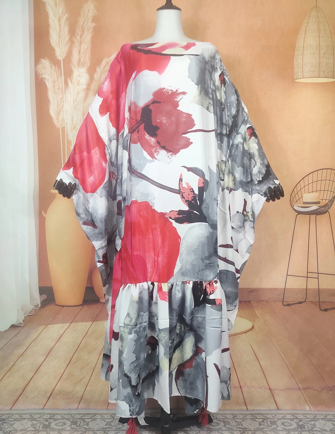 Kuwait New Floral Printed Autumn Winter Butterfly Sleeve Loose Kaftan Dress Oversized Middle East Muslim Women Causal Abaya Gown muslim women oversleeve elastic arm cover short sleeve tshirt accessory sun protection fashion middle east clothing