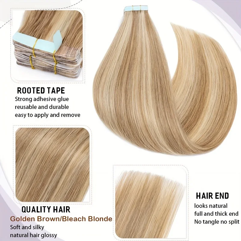 Alimice Tape In Hair Extensions 20pcs 50g Light Blonde Highlight Golden Blonde Straight Remy Hair Extensions P12/613# Color