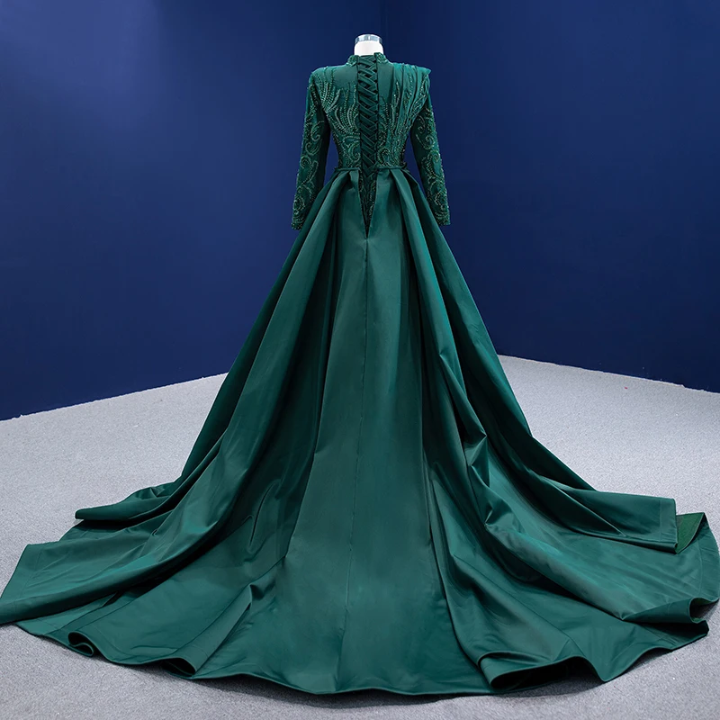 RSM67496 Muslim Long Sleeve Evening Dress High Neck Beading Satin Lace Up Back Elegant Green Formal Dress 2 In 1 3