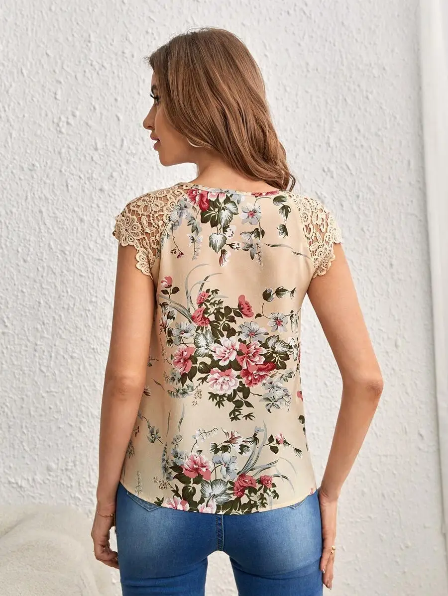 Women Beige Floral Print Blouse Round Neck Keyhole Shoulder Lace Sleeveless Top Spring Summer Sweet Elegant Daily Casual T-Shirt 2
