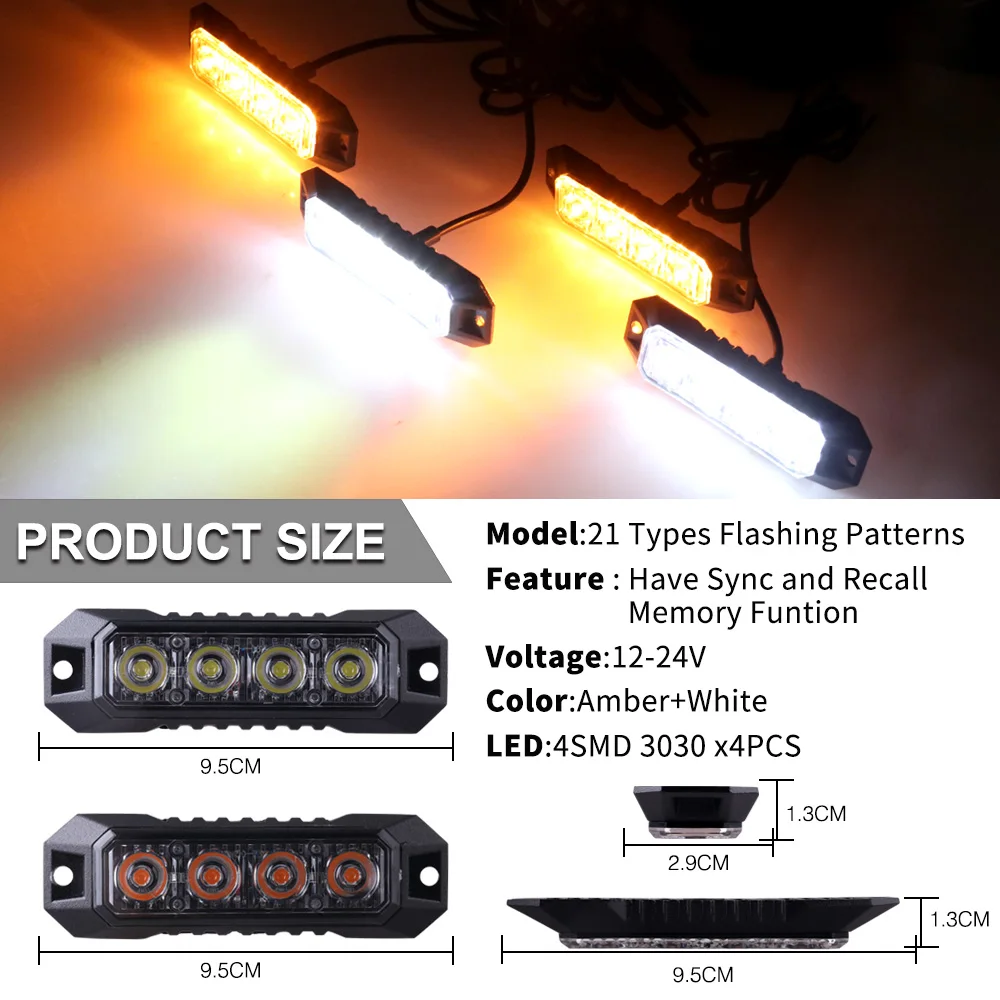 4-LED Car Universal Emergency Strobe Flashing Grill Lights Flashing Amber Light For Car Truck Van Off Road Vehicle Road Safety