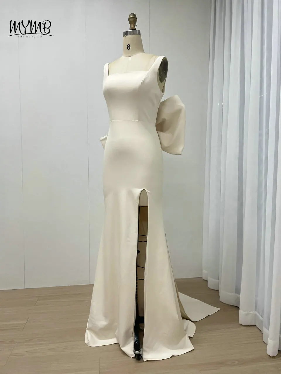 Mymb beige Meerjungfrau Split atember aub enden Brautkleid mit abnehmbaren großen Bogen elegante V-Form zurück Satin Abend Hochzeits feier Kleider – Detail 9