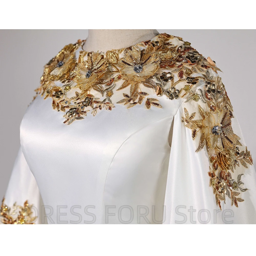 Luxury Muslim Floor Length Evening Dress O-Neck Long Sleeve Gold Applique Mermaid Women Banquet Party Custom Shawl Cape Gowns 3