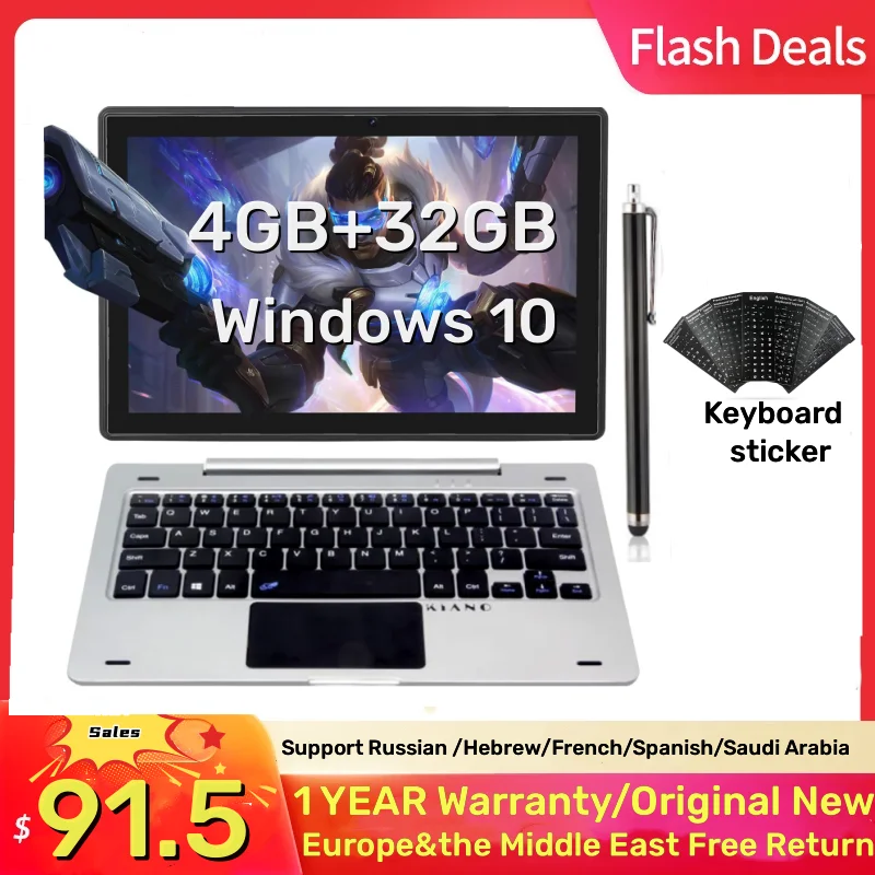 듀얼 카메라 태블릿 PC, 1280x800 IPS 와이파이 쿼드 코어, 64 비트, 키보드 X3, 윈도우 10, 4GB, 32GB, 10.1 인치 플래시 판매