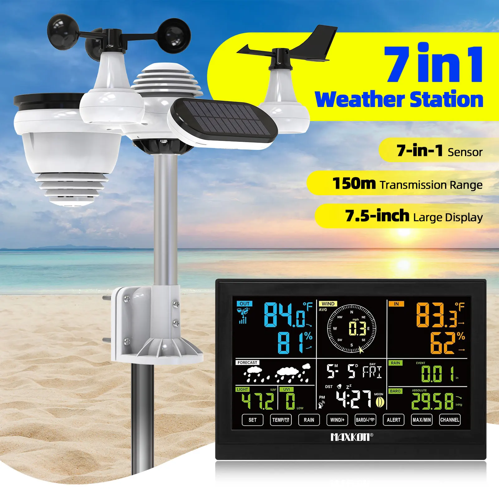 Maxkon 7 in 1 Wireless Weather Station Home Indoor Outdoor Sensor Temperature Humidity Rainfall Barometer Forecast Monitor