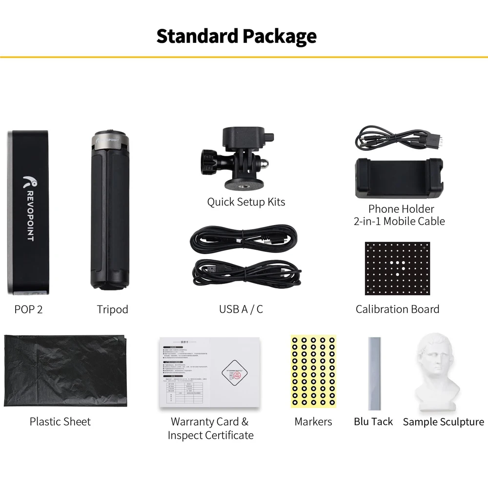 POP 2 3D 고정밀 스캐너 표준 키트, 삼각대, 휴대폰 홀더, USB, 모바일 케이블 포함, 0.05mm 10 fps, 3D 프린터 액세서리