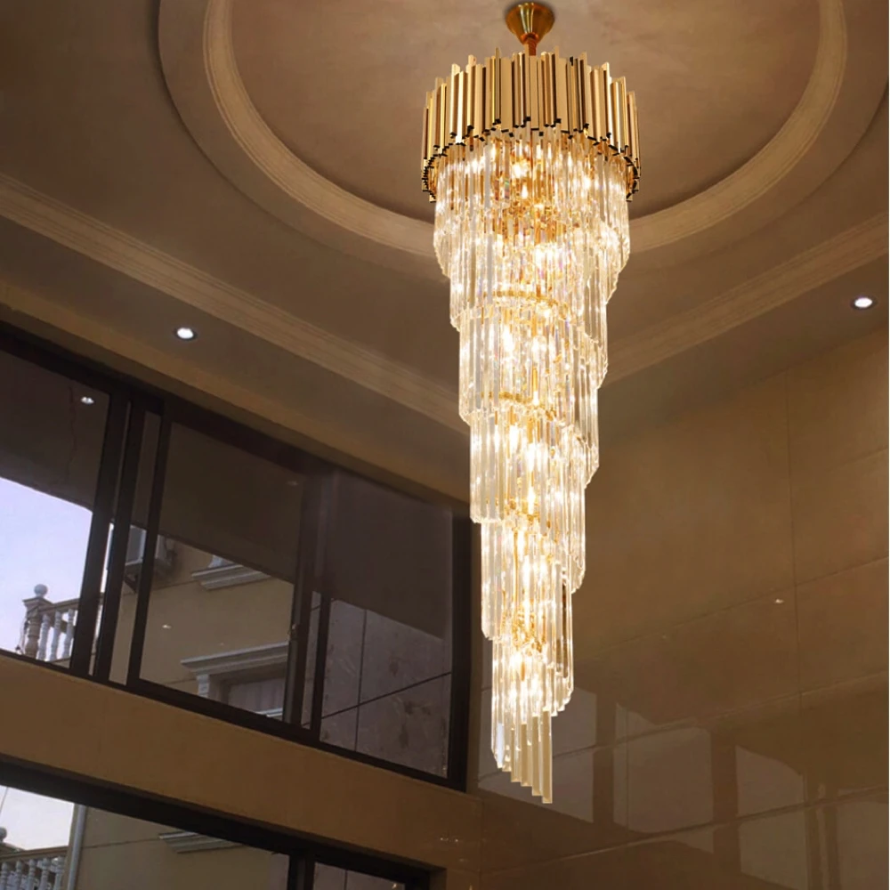 

Modern Cascade Chandelier For Staircase Lobby Hall Foyer Stairwell Luxury Living Room Decor Gold Crystal Lamp Lighting Art Hotel