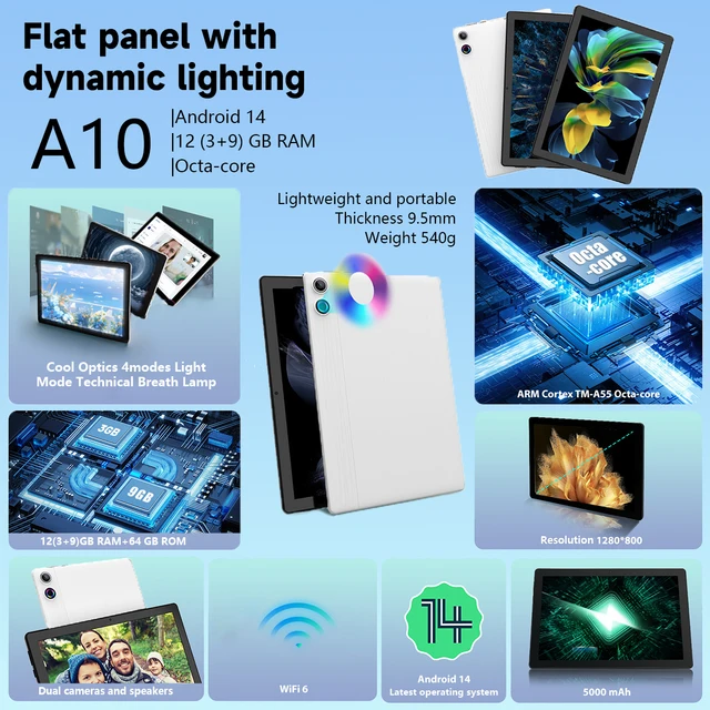 A10L Tablet 10 pollici Android 14 12GB RAM 64GB ROM 1TB Espandi WiFi6 Face Sblock Penna tastiera schermo HD IPS per PC Pad 3