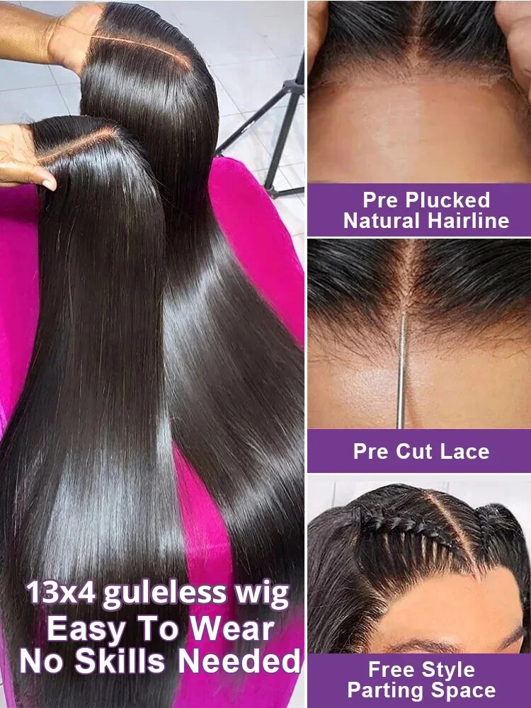 Pre Cut No Glue 13x4 Bone Straight Glueless Wig Human Hair Ready To Wear Brazilian Lace Front Closure Wigs For Women Preplucked human hair wig