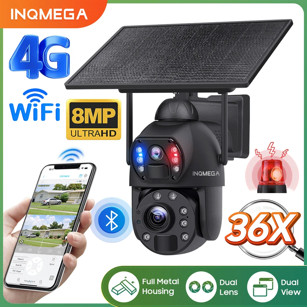 Inqmega Solar Camera 8Mp 4K 4G Sim 36X Zoom Ottico E Digitale Telecamere Di Sorveglianza Wifi Per Esterni Dual Lens Human Tracking