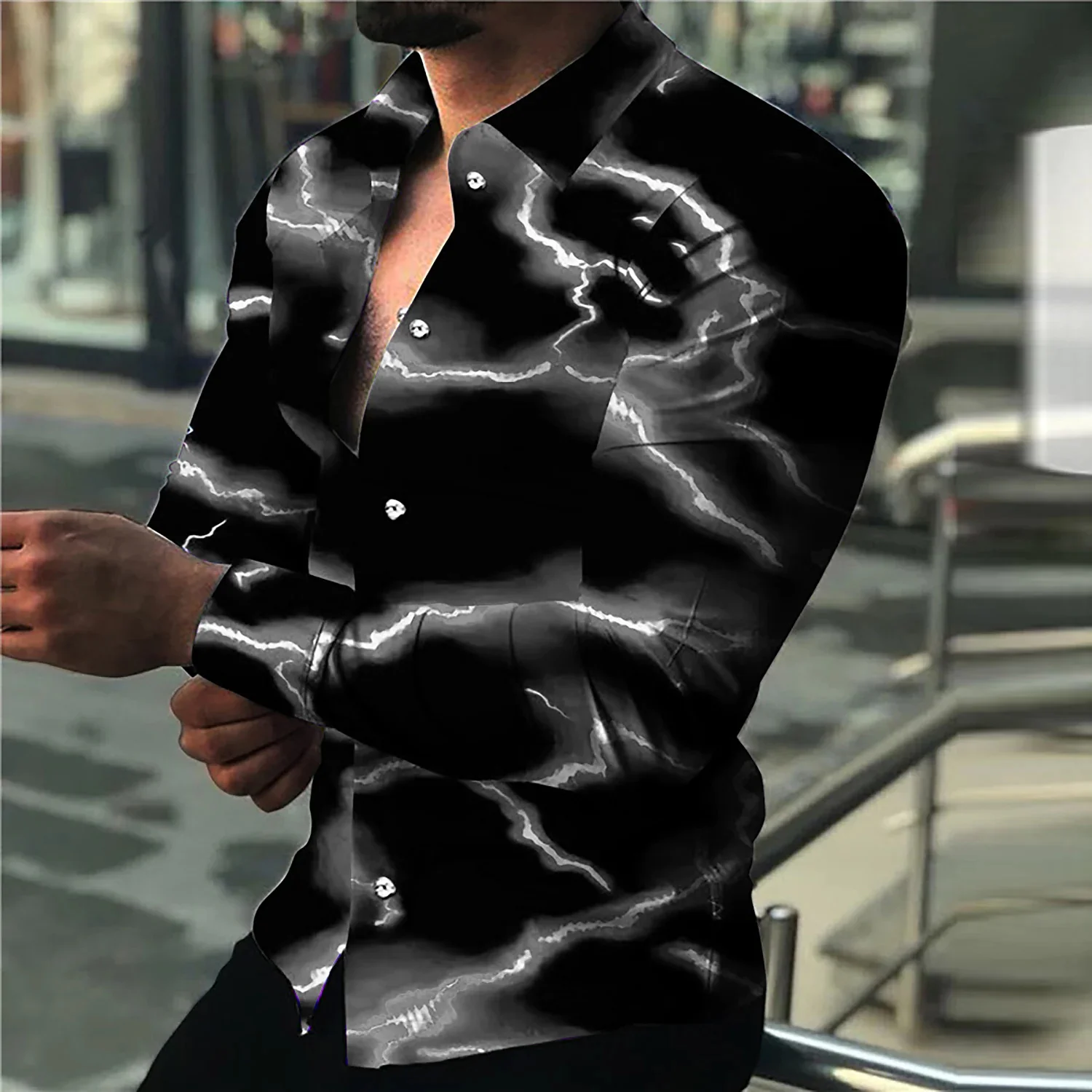 Luxury Fashion Men's Shirts Single Breasted Casual Shirts Night Lightning Long Sleeve Top Men's Hawaiian Prom Plus Size 6XL