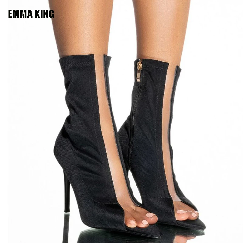 

2022 Fall New Women Socks Shoes Stretch Fabric Women Ankle Boots Pointed Toe High Heels Zipper Sexy Sock Heeled Chelsea Boots