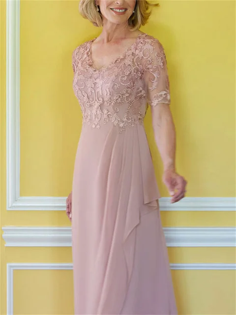 david's bridal short mother of the bride dresses Elegant Mother Bridal Clearance David's Bridal Mother Of The Bride Short  Dresses Customized A-Line Pink Mother Of The Bride Dresses For Wedding  V-Neck Half Sleeves Chiffon Evening Gown Floral Lace