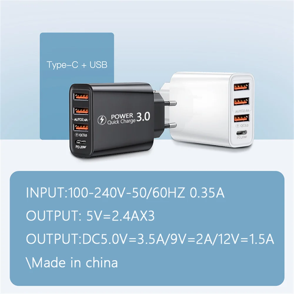 USB 30W 4 Ports PD Type C Fast Charging Phone Charger Wall Adapter For iPhone 15 14 Samsung Xiaomi Huawei