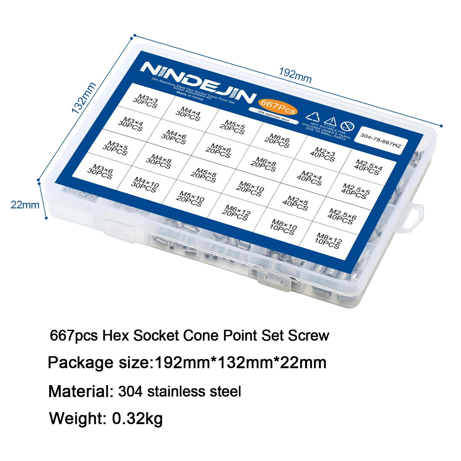 NINDEJIN 육각형 소켓 고정 나사 키트 콘 포인트 스테인레스 스틸 헤드리스 그럽 나사 분류 키트 M2 M2.5 M3 M4 M5 M6 M8