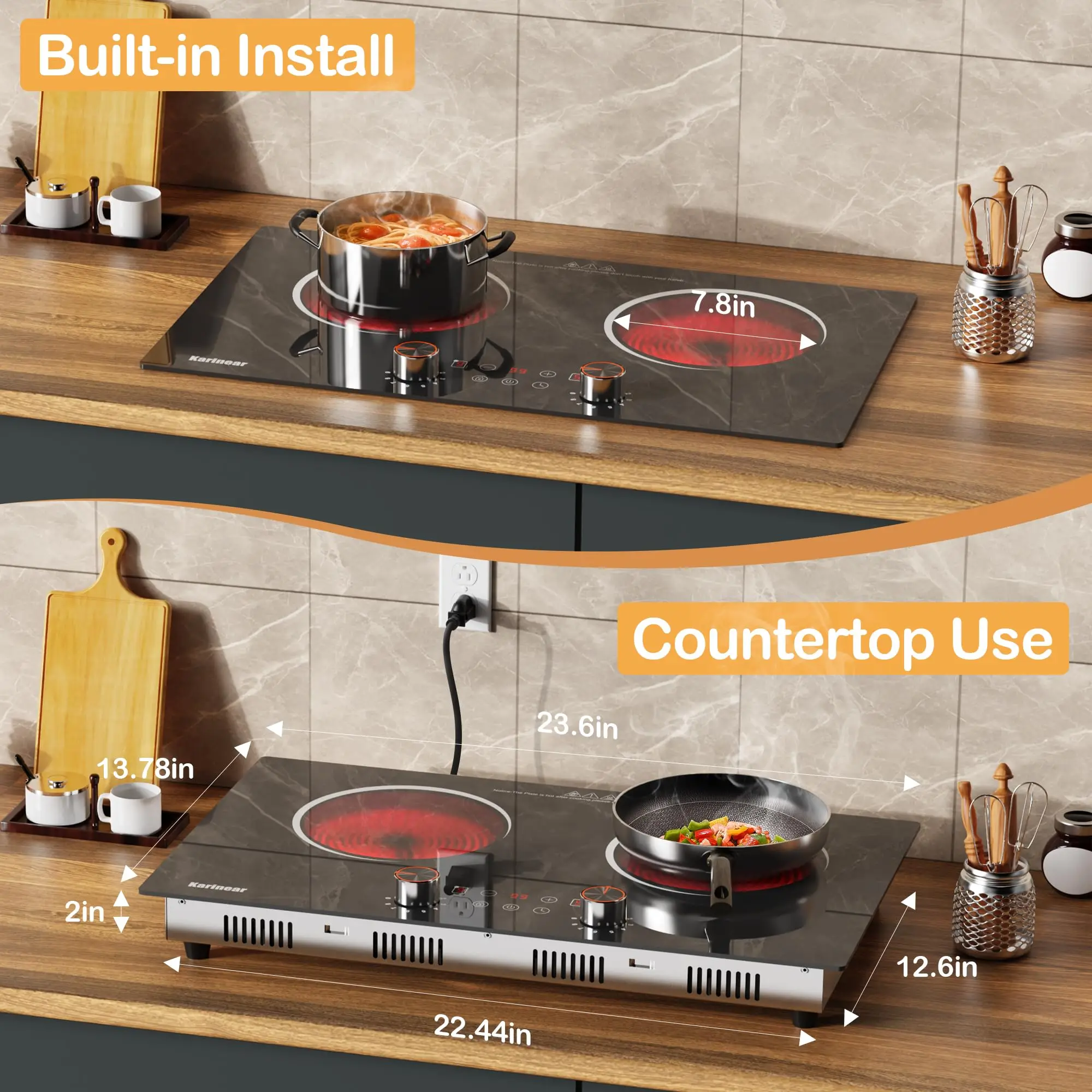 Karinear Electric Cooktop 2 Burner, 110V Electri Stove Top, 2000W Knob Control & Sensor Touch Electric Hot Plate for Countertop or Built-in Install, Timer, Safety Lock, 9 Power Level, 24 Inch 6